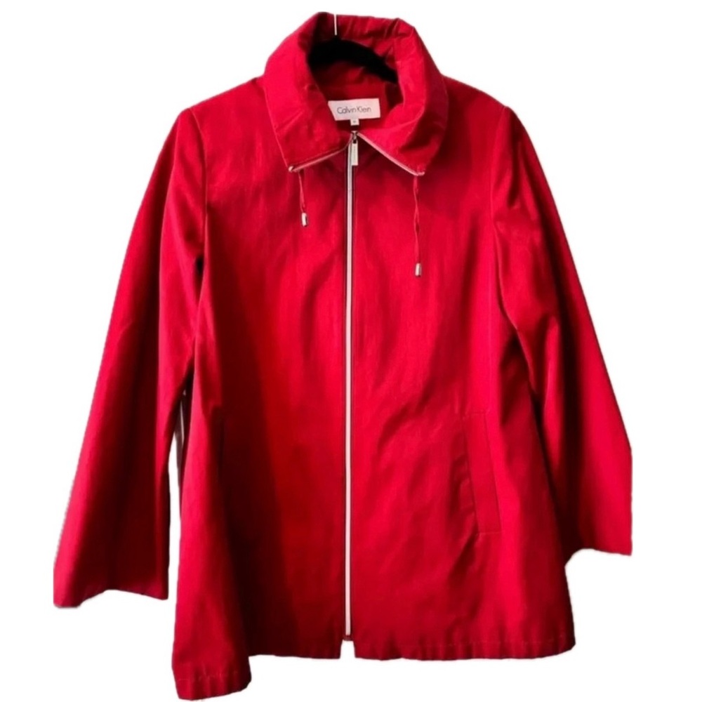 Calvin Klein Red Rain Jacket Medium Lightweight Zip Front Waterproof Coat Women